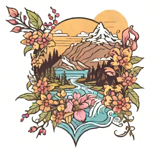 Mountain And Flowers With A River While Having A Spiritual Theme Incorporated