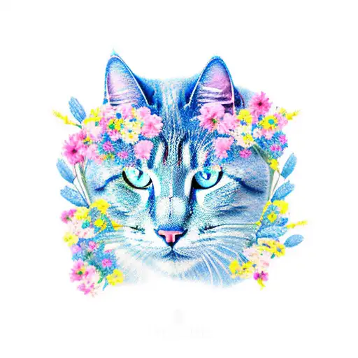 A Majestic Blue Cat Surrounded By Vibrant Pink Flowers