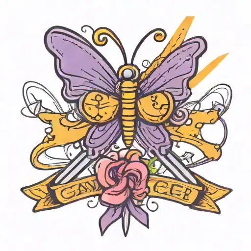 Purple Cancer Ribbon With A Butterfly A Sewing Needle And A Airplane