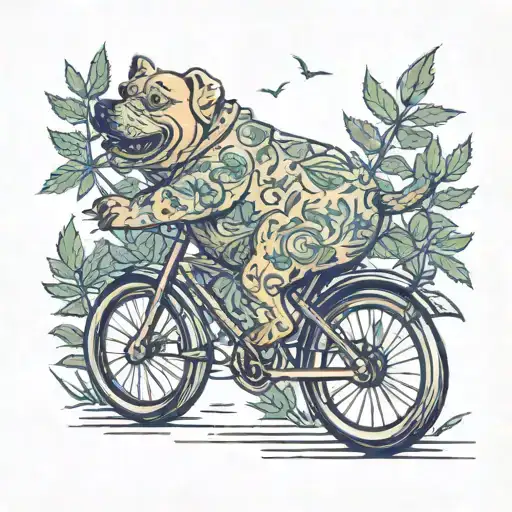 A Whimsical Scene Of A Fat Dog Riding A Bicycle Through A Field Of Marijuana Plants