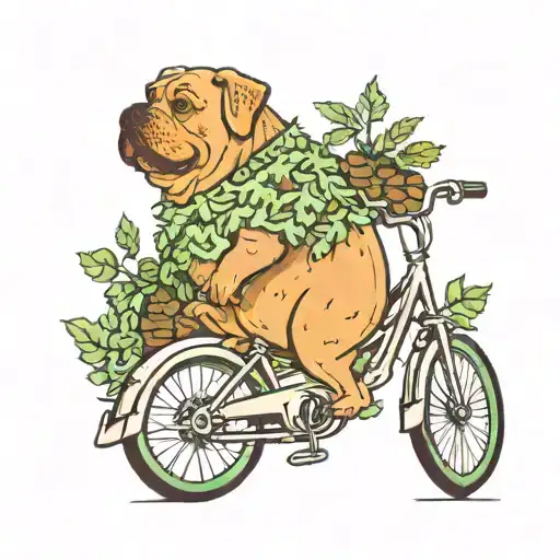 A Whimsical Scene Of A Fat Dog Riding A Bicycle Through A Field Of Marijuana Plants