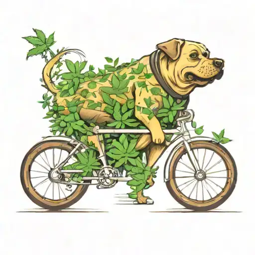 A Whimsical Scene Of A Fat Dog Riding A Bicycle Through A Field Of Marijuana Plants