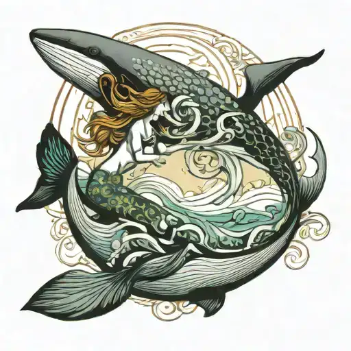 Ocean Scene Featuring A Whale And A Mermaid Touching Each Other