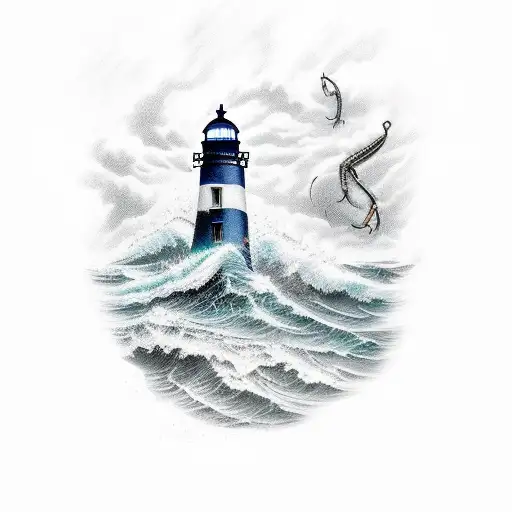 Lighthouse With Giant Scorpions And Big Waves