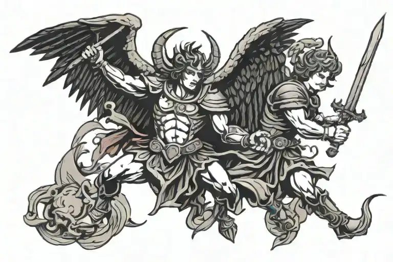 Archangel Michael Fighting Satan Red Black Color