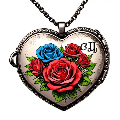 Red And Blue Roses Heart Shaped Locket With Initial Cj