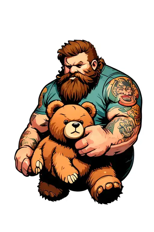 A Brutal Fat Biker With A Beard Holds A Plush Bear In The Hands
