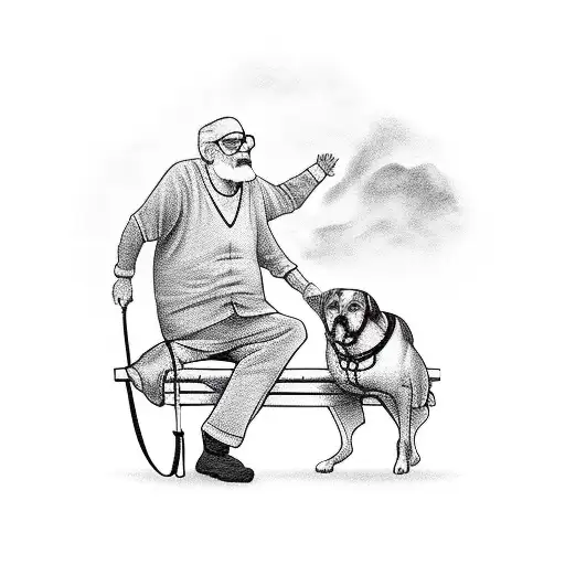 Old Man Sitting On Bench With A Dog At His Side