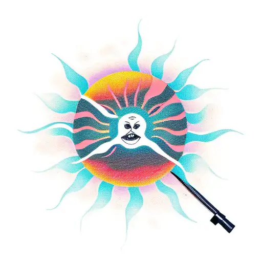 A Sun Setting Over Water With A Bottle Of Alcohol And A Tattoo Machine