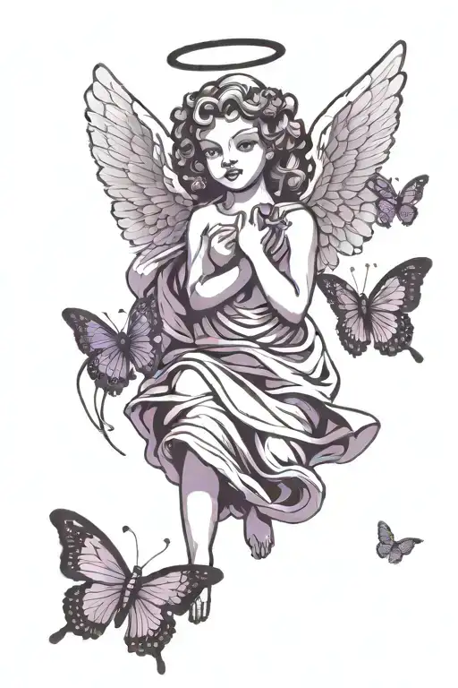 Angel Statue With Butterflies Only Black And Purple