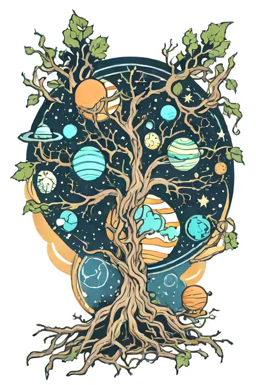 Tree Showing Roots And Planets