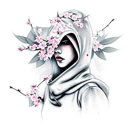 A Hooded Female Assassin With Cherry Blossom Around Her