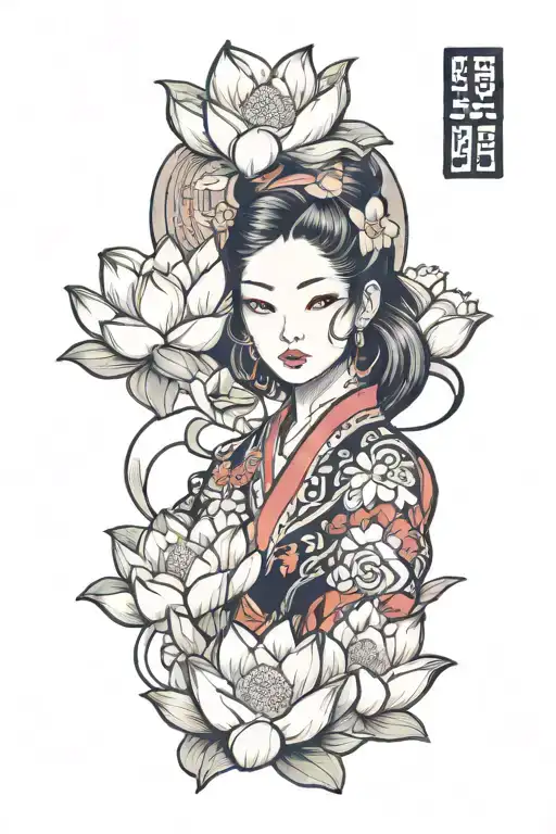 Japanese Type Female Face With Lotus Flowers