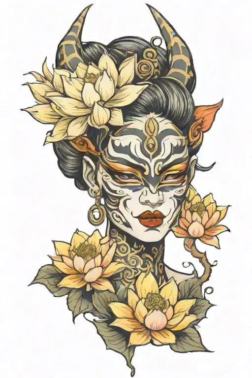 Female Face With Oni Mask And Lotus Flowers