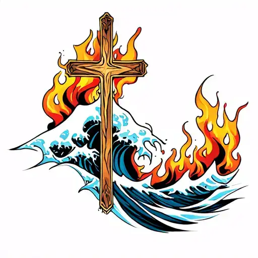 Waves And Flames With A Cross Intertwined