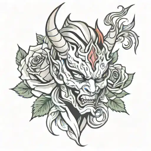 Oni Mask Woman Dragon Rose Growing
