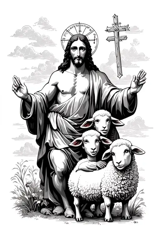 Jesus Christ With Two Children And Sheep