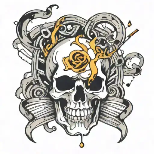 A New-school Design Featuring A Skull With Metal Music Notes Intertwined In The Design