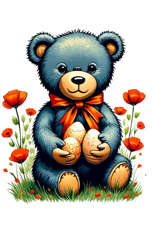 Teddy Bear Wearing A Ribbon On The Neck Holding Hardboiled Eggs In Poppy Field