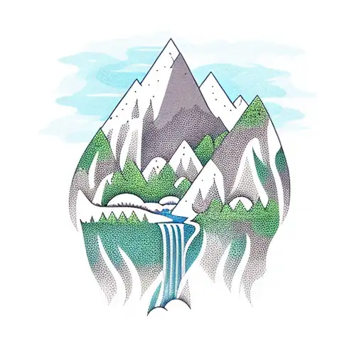 Mountains With Waterfall That Flows Down Onto A Pond