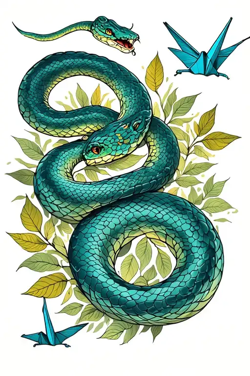Ethereal Snake With Paper Cranes Bordered By Leaves