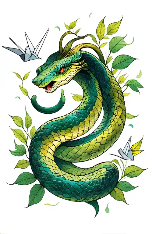 Ethereal Snake Bordered By Leaves And Paper Cranes