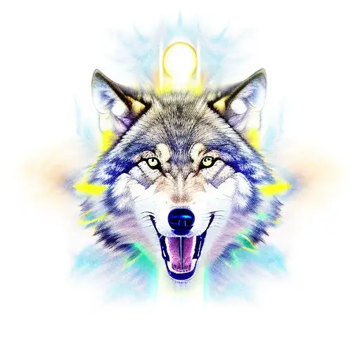 Divine And Powerfull Wolf Eyes Shining Yellow And Blue With Red Blackground