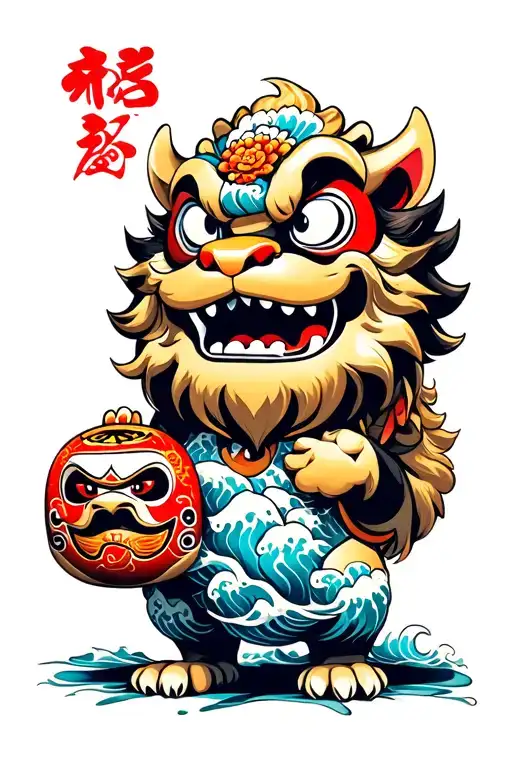 Foo Dog Holding A Daruma Doll With Waves In New School Style