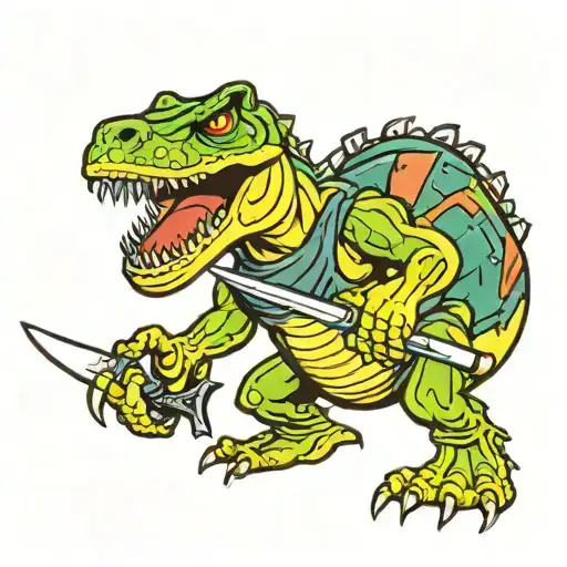 Trex Cartoon Funny With Two Katanas In Both Hands Holding
