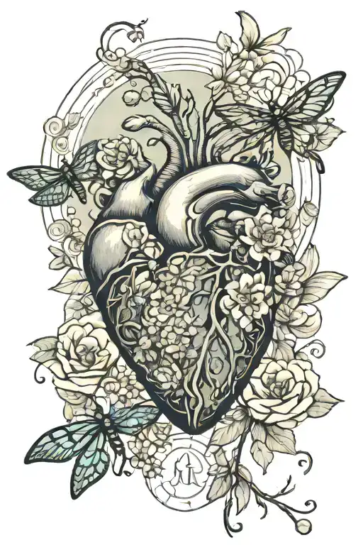 An Anatomical Heart Entwined With Blooming Flowers And Dragonflies Under A Full Moon