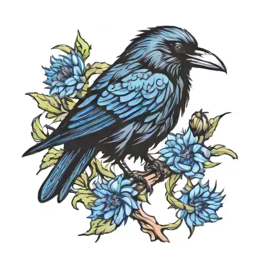 A Black Crow Perched On A Vibrant Blue Cornflower