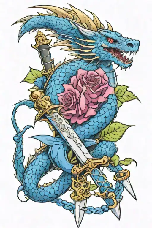 Western Dragon Wrapped Around A Gothic Sword Surrounded By Roses And Sapphires