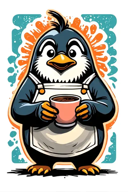 Penguin Wearing Apron Holding Coffee Cup