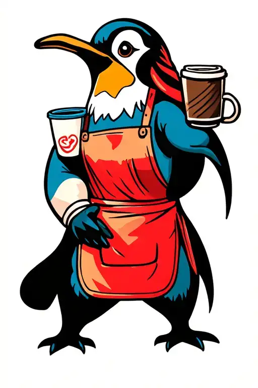 Female Penguin Wearing Apron Holding Coffee Cup