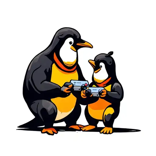 Dad And Son Penguin Playing Video Games