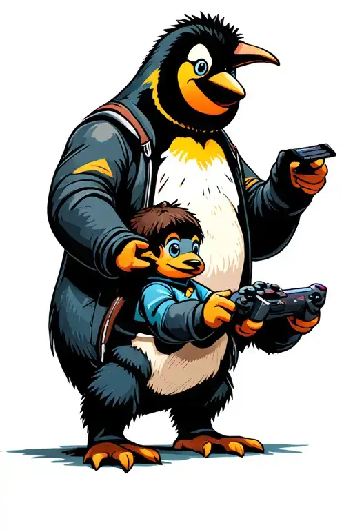 Cartoon Penguin Father And Son Playing Video Games