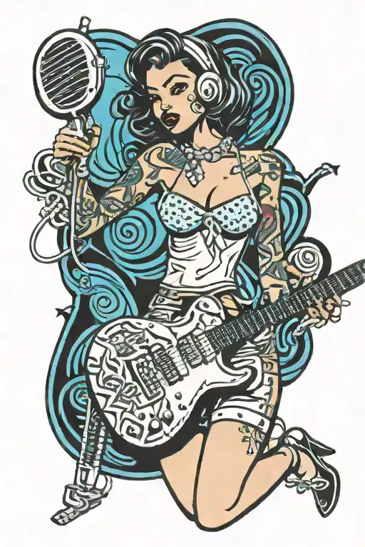 Full Body Rock N Roll Pin Up Girl In Bikini With Old School Microphone And Guitar