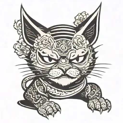 Japanese Samurai Cat Tattoo Cat Vintage Poster Wall Art Stick With Hannya Mask And Sakura Blossom