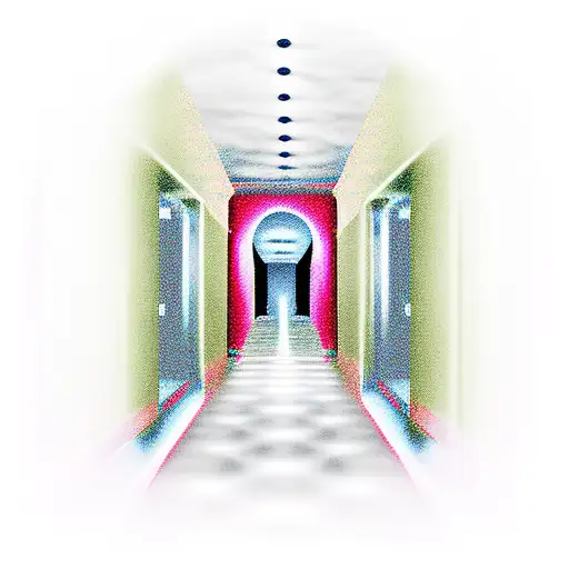 A Hallway Going Down With A Man Walking Down It With Heaven And Hell Surrounding The Hallway