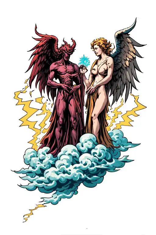 Make Me Sick But Keep Me Healthy With A Demon And Angel On Each Side With Thunder Clouds