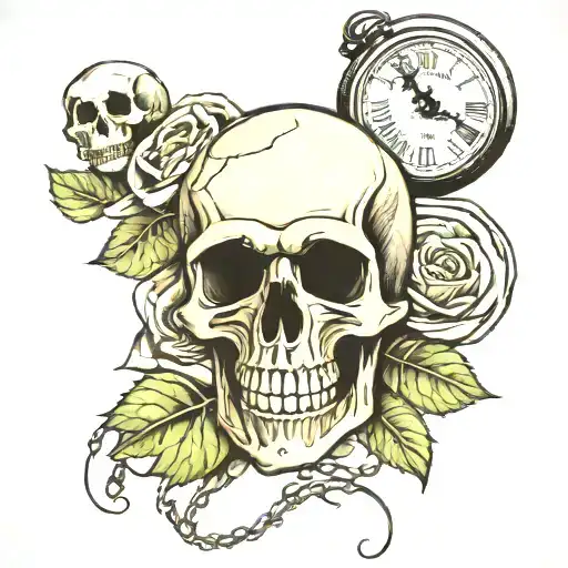 Pocket Watch Skull Rose Surrounded