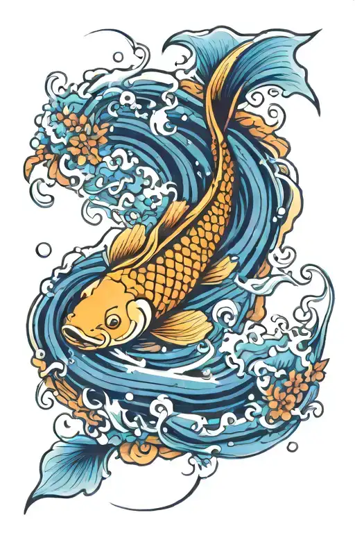 Koi Fish With Waves And Flowers