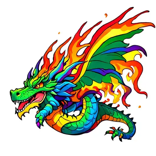 Rainbow Serpentine Dragon Flying Breathing Fire