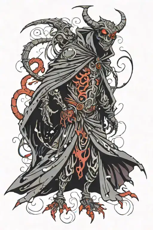 A Full-length Demon In A Black Cloak Covered In Many Red Eyes