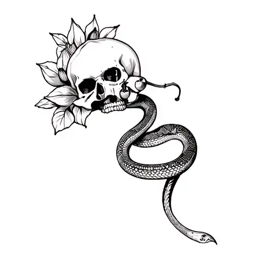Snake Wrapped Around A Skull With Cherries For Eyes In A Bed Of Flowers And A Black Lotus