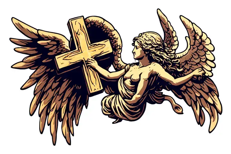 Religous Tatto With Cross And Angel