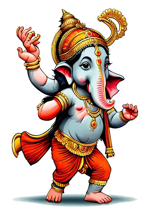 Kid Ganesha Running Stand Up Full Body Happy And Cartoon Style