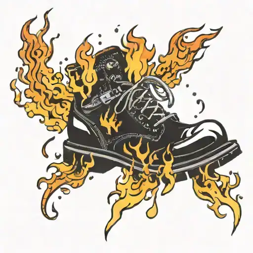 A Black Metal Inspired Trash Polka Design Featuring A Rugged Hiking Boot Surrounded By Flames