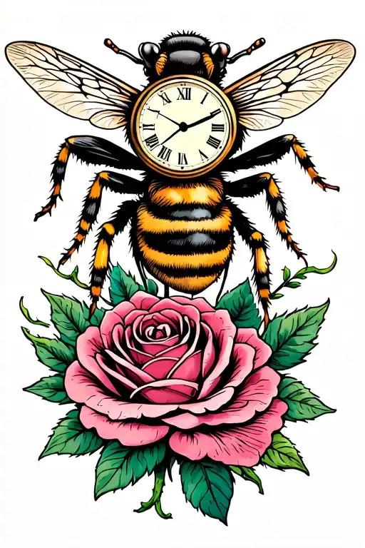 Bee On Roses With Clock Face