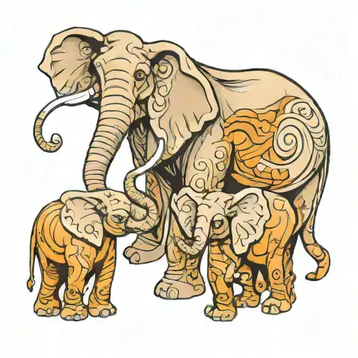 Mother With 4 Kids And 2 Grandkids As Elephants Holding Trunks